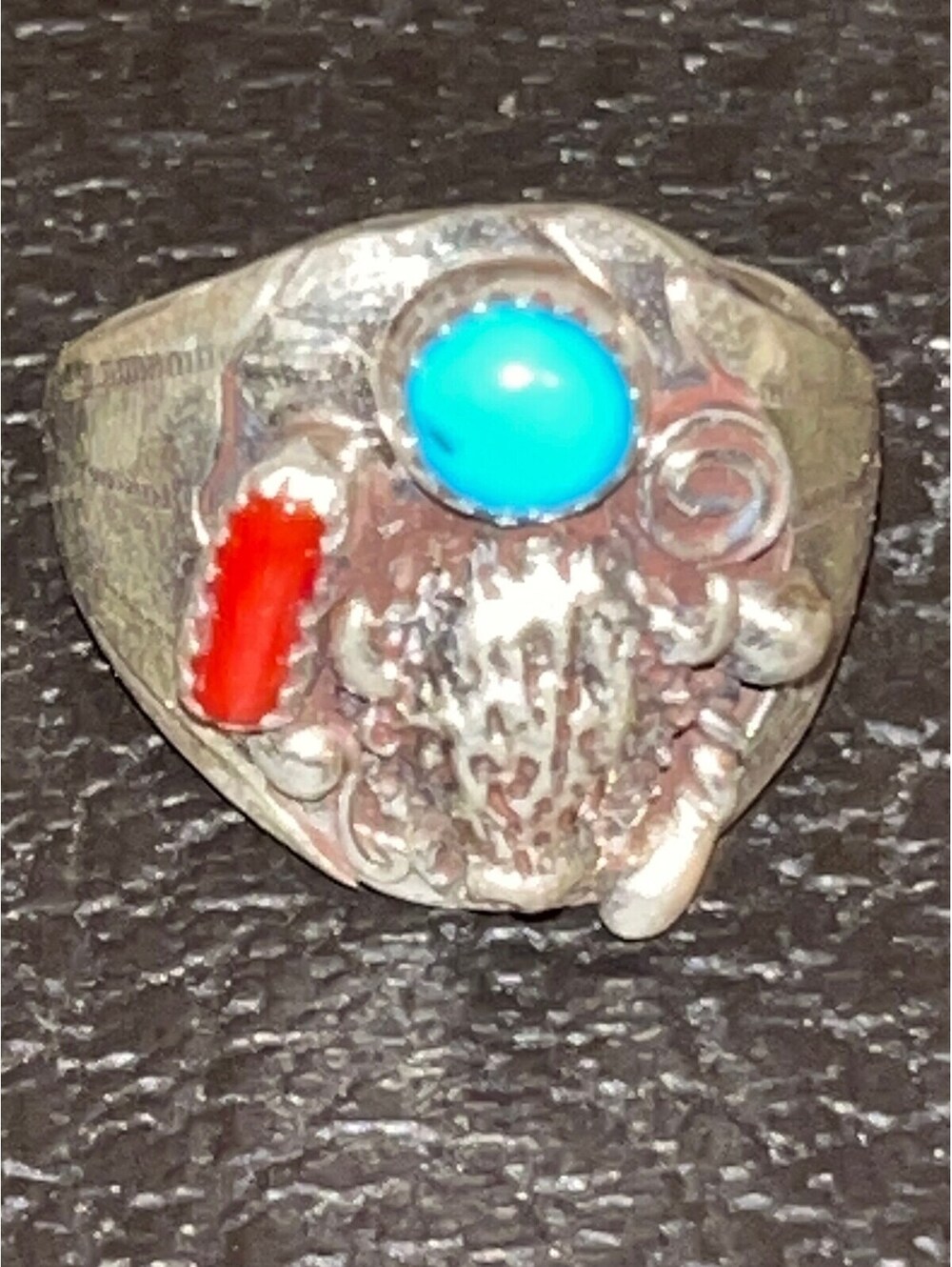 Navajo turquoise coral sterling silver buffalo/bison head ring size 11.5